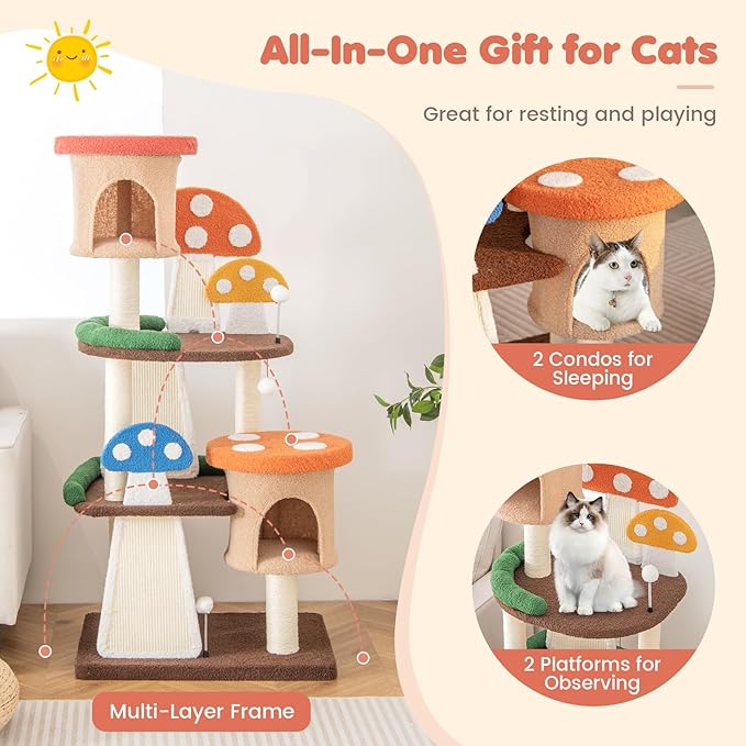 Tangkula Mushroom Cat Tree, Multi-Level Cute Cat Tower with Full-Wrapped Sisal Posts, Scratching Boards & Interactive Balls, 2 Cat Condo, Flower Cat Tree Tower for Indoor Cats Large Adult (57.5 Inch)