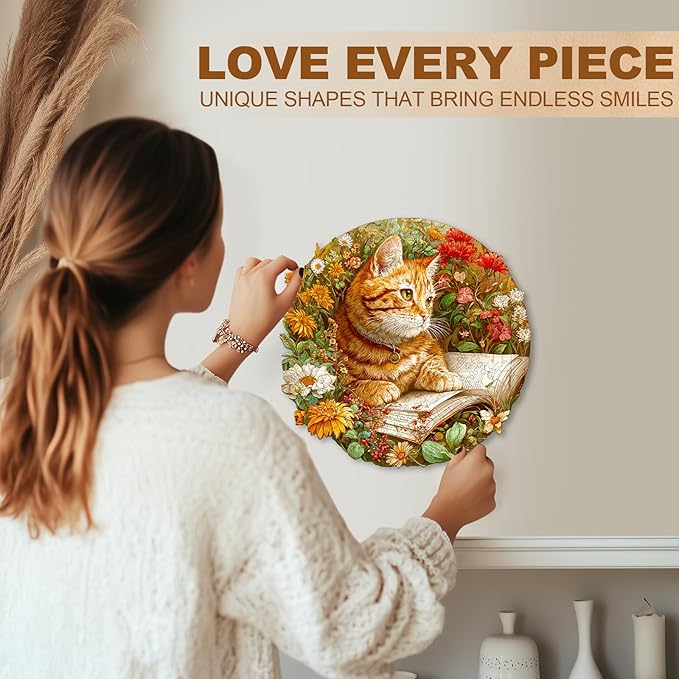 KAAYEE Wooden Puzzles for Adults, Flower Kitten Reading Puzzles, 200 Piece Unique Animal Shape Puzzle, Cat Wood Puzzle for Adults, Creative Gifts for Cat Lover/Friends/Family(11.4 * 11.4in)