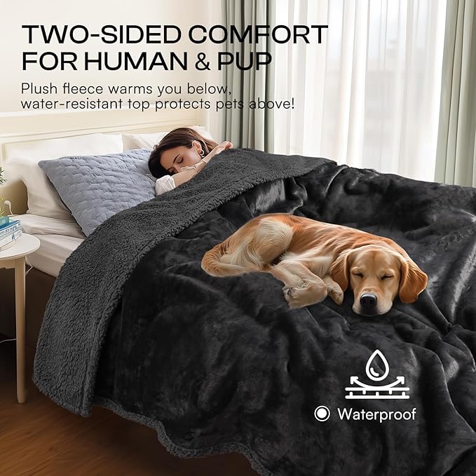 Waterproof Pet Blanket, Liquid Pee Proof Dog Blanket for Sofa Bed Couch, Reversible Sherpa Fleece Furniture Protector Cover for Small Medium Large Dogs Cats, Black Medium（57" x 40"）