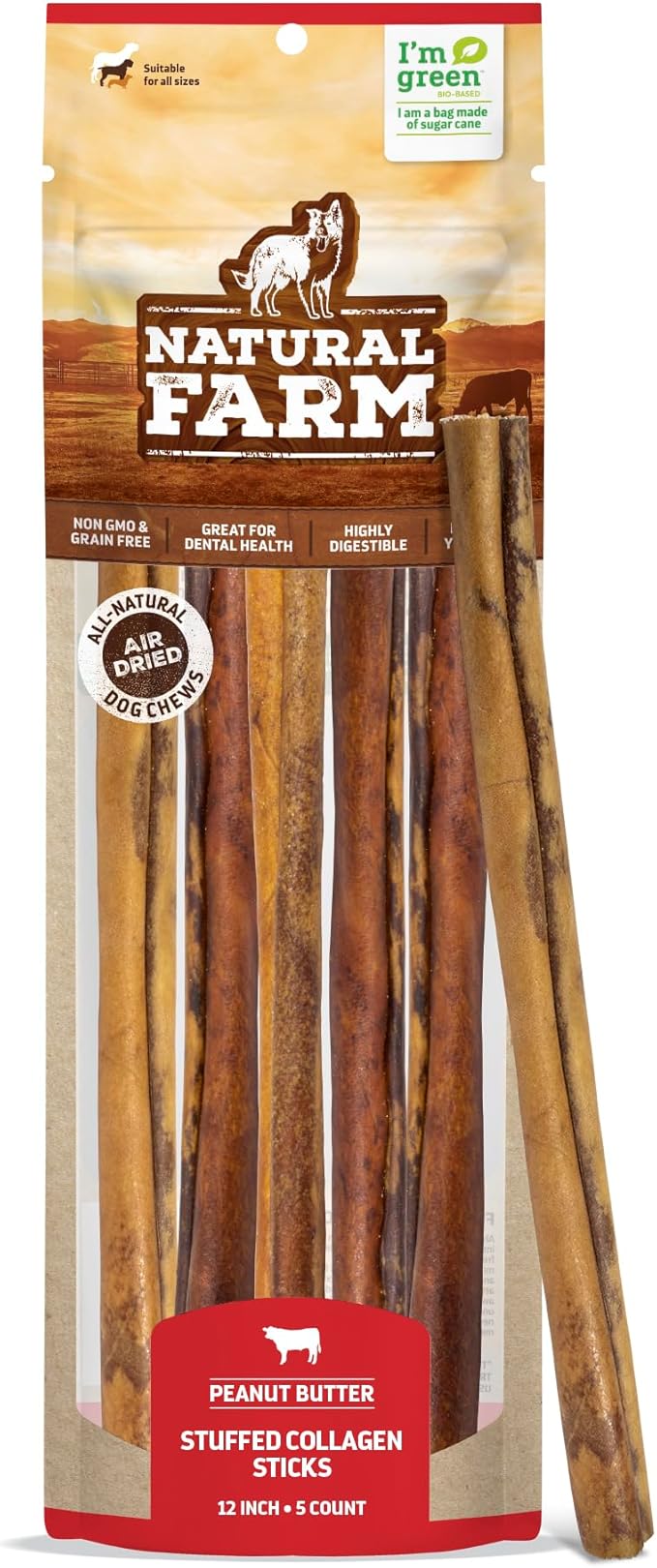 Natural Farm Peanut Butter Stuffed Collagen Sticks for Dogs (12 Inch, 5-Pack), Rawhide-Free Collagen Sticks, Natural Long Lasting Dog Chews for Small, Medium and Large Dogs, Great Rawhide Alternative