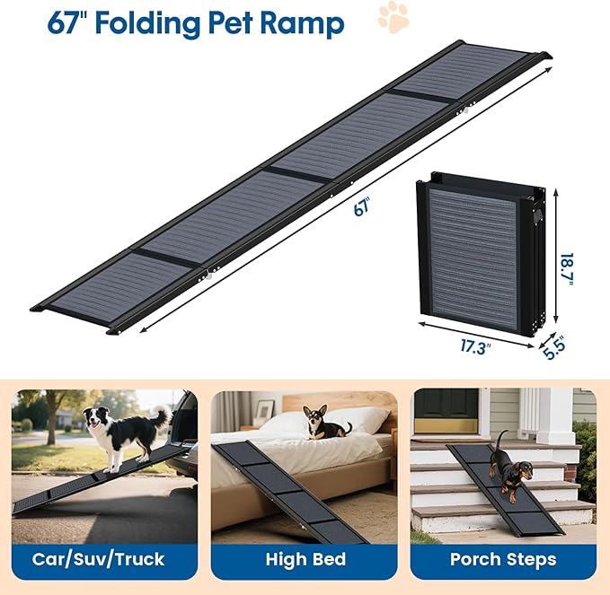 HBTower 67" Long & 17.3" Wide Folding Dog Ramp for Car, SUV & Truck – Portable Pet Ramp with Non-Slip Surface, Extra Wide Steps for Large Dogs Up to 250LBS