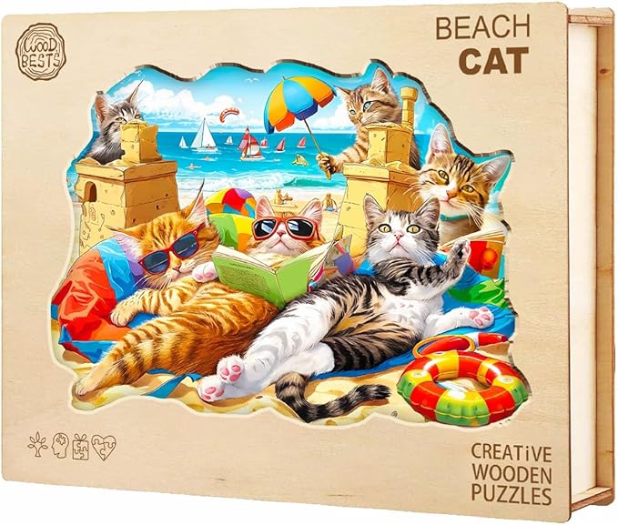 KAAYEE Wooden Puzzles for Adults, Beach Cat 90 Piece Unique Animal Shape Puzzle, Cat Wood Puzzle for Adults, Creative Gifts for Friends/Family, Home Decor(8.5 * 6.2in)
