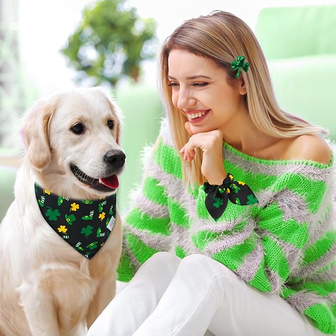 E-Clover Dog Bandana Boy & Matching Scrunchie-Shamrock Dog Bandanas Irish Pet Scarf Bib for Medium Large Dogs Girl Owner Gift Dark Green
