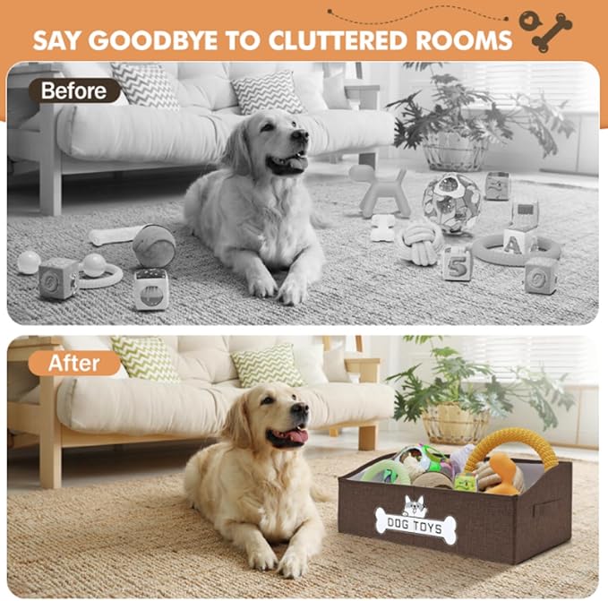 Dog Toy Basket, Specially Designed for Dog Toy Storage, Collapsible Dog Toy Box with Handle，Perfect for Storing Pet Toys and Accessories (Brown)