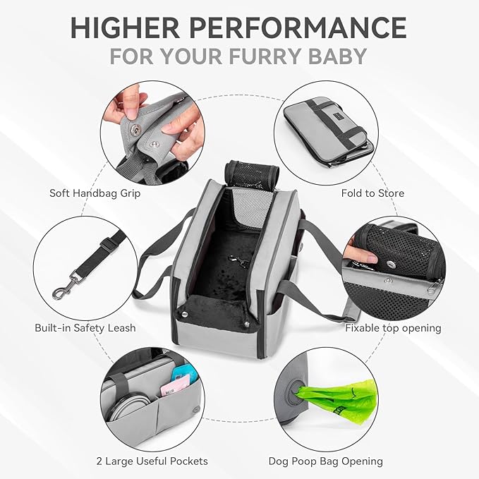 PETSFIT Multipurpose Console Dog Car Seat, Portable Small Dog Car Seat for Dogs, Cat Carrier, Pet Carrier Airline Approved with Safety Tether and Pockets (Light Grey)