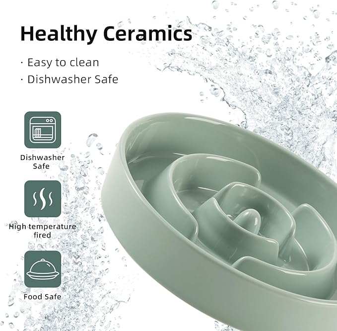 Ceramic 1.2 Cup Slow Feeder Dog Bowl for Medium and Small Breed, 7.3inch Puzzle Dog Food Dish, Anti-Gulping, Stop Bloat, Preventing Choking (Single Bowl-Light Green)