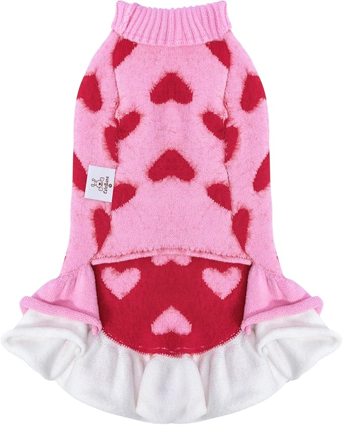 CuteBone Fancy Pink Dog Sweater Dress, Soft and Stretchy Dog Clothes for Small Medium Dogs Girl, Pink Heart Puppy Sweater Pullover Ruffle Dress Pet Outfit Cat Apparel