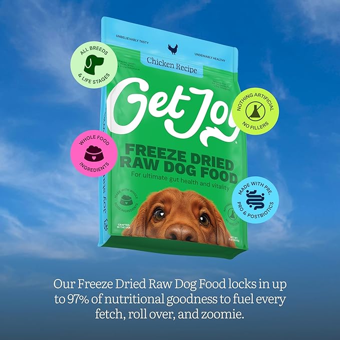 Get Joy Freeze Dried Raw Chicken Dog Food, High Protein Grain Free Meal, Topper & Treat, Gut Health Support with Probiotics, Small to Large Breed, 16oz Bag