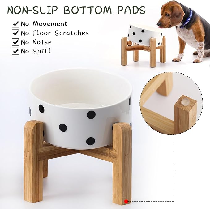 Petygooing Raised/Elevated 15°Slanted Ceramic Dog Bowl for Small Breeds,Tilted Anti Slip Pet Bowl,Food Water Dish with Stand for Cats and Small Dogs Puppy 13.5 OZ (5.1In / 1.7 Cups) Black Dot