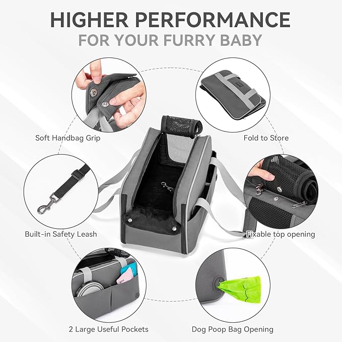 PETSFIT Multipurpose Center Console Dog Car Seat, Airline Approved Dog Car Carrier with Safety Tether and Pockets, Portable Cat Car Seat, Dog Car Seats for Small Dogs, Cats Up to 9 LBS (Deep Grey)