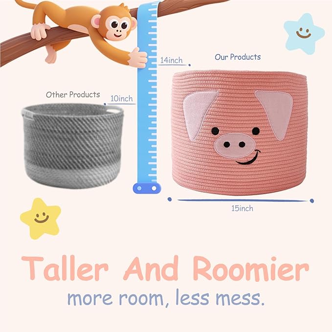 OMERAI Animal Baskets Cotton Rope Woven Storage Basket for Toys Blankets Laundry Nursery, Large Foldable Organizer with Cute Pig Design and Handles, 15"D x 12.6"H (Pink)