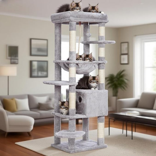 Heybly Cat Tree for Large Cats 20lbs Heavy Duty,60 inches XXL Cat Tower for Indoor Cats, Multi-Level Furniture Condo with Big Padded Plush Perch, Cozy Basket, Light Gray HCT050W
