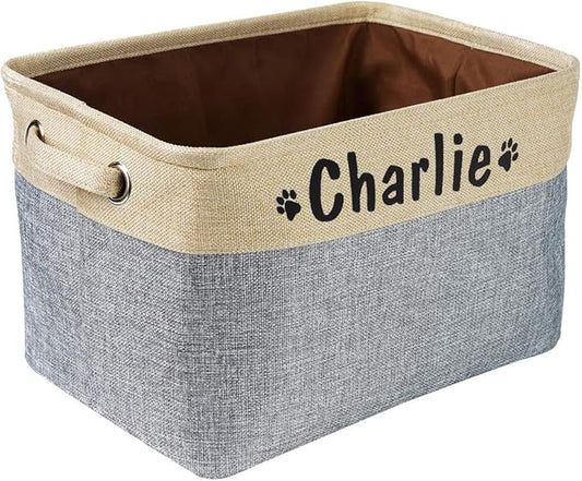 PET ARTIST Collapsible Dog Toy Storage Basket Bin with Personalized Pet's Name - Rectangular Storage Box Chest Organizer for Dog Toys,Dog Coats,Dog Clothing,Dog Apparel and Accessories,Grey