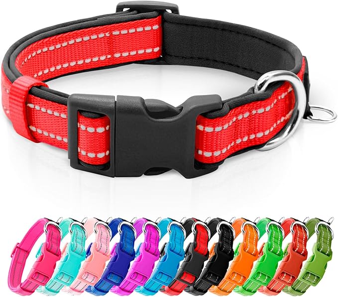 azuza Reflective Dog Collar,Soft Neoprene Padded Pet Collar with ID Tag Ring,Adjustable for Medium Dogs,Red,M