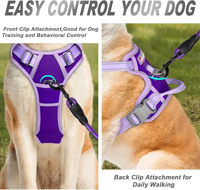BARKBAY No Pull Dog Harness Front Clip Heavy Duty Reflective Easy Control Handle for Large Dog Walking(Violet Purple & Purple,L)