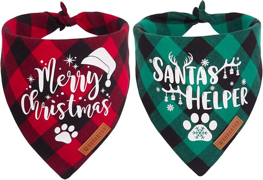 ADOGGYGO Christmas Dog Bandanas, Red Green Plaid Dog Scarf Bib, Premium Cotton Fabric, Multiple Sizes, Merry Christmas Bandanas for Small Dogs (Small)