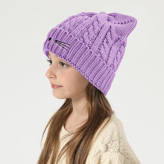 Kids Girls Cat Ear Hat Winter Warm Knit Beanie Cute Ski Skull Cap for Ages 7-12