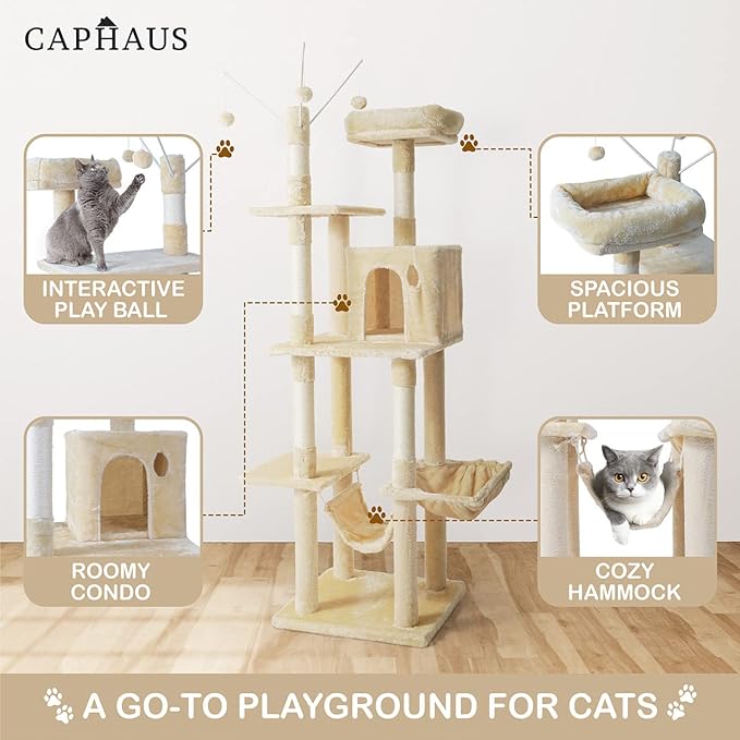 CAPHAUS Tall Cat Tree for Indoor Cats, Modern Cute 70-Inch Climbing Play Tower with Top Perch Large Cats Kittens, Multi-Level Activity w Scratching Posts, Hammock, Cave Condo, Smoky Grey