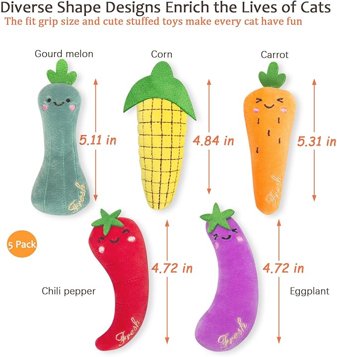 Catnip Cat Toys, Cat Nip Kitten Toy for Indoor Cats Kitty Kicker, Durable Kitten Teething Chew Toys, 5 Pack, Vegetable Shape