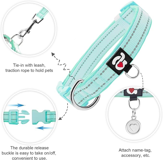 azuza Reflective Dog Collar, Soft Neoprene Padded Pet Collar with ID Tag Ring, Adjustable for Large Dogs,Teal,L