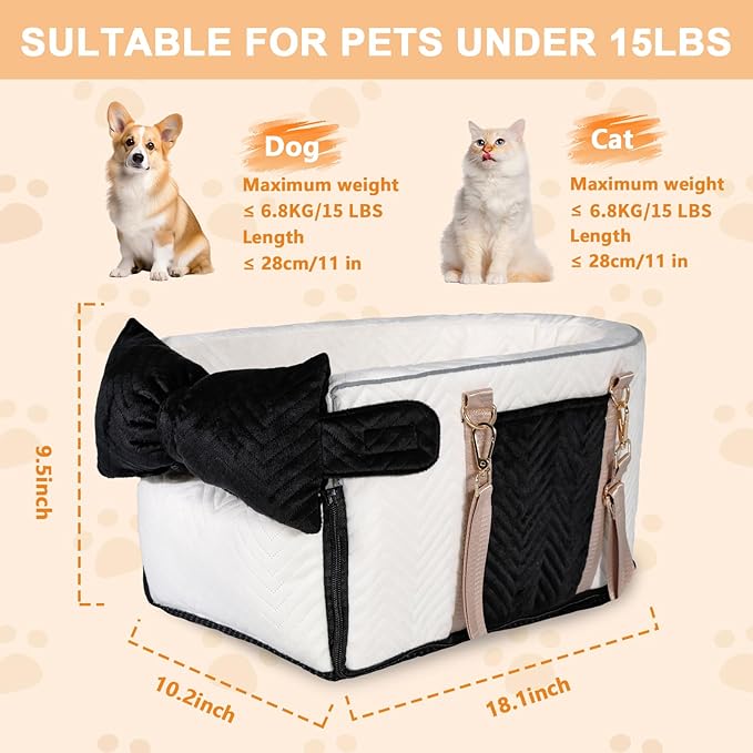Dog Car Seat for Small Dogs, Portable Center Console Dog Car Seat, Pet Booster Seats with Safety Belt and Soft Cushion, Pet CarSeat for Dogs and Cats Under 15 lbs, White