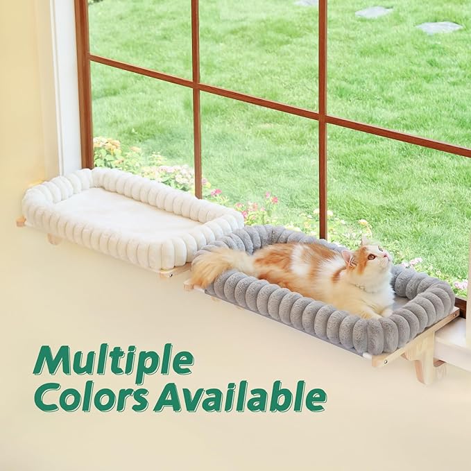 Zakkart SnugCloud Cat Window Perch with 4-Sided Bolster - Orthopedic Cat Hammock for Window Sill - Solid Hardwood & Metal Frame - Window Seat for Pets (Natural Color Wood w/White Bed, Medium)