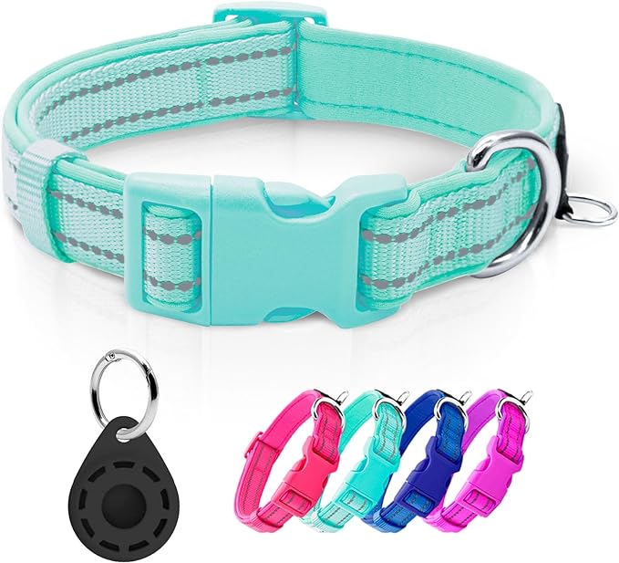 azuza Reflective Dog Collar with Airtag Holder, Soft Neoprene Padded Pet Collar with ID Tag Ring, Adjustable for Small Dogs,Teal,S