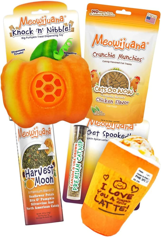 Meowijuana Fall Favorites Bundle | Pumpkin Spice Latte Refillable Toy, Harvest Moon Blend, Pumpkin Knock ‘n’ Nibble Toy, Chicken Crunchie Munchie Treats | Includes North American Organic Catnip