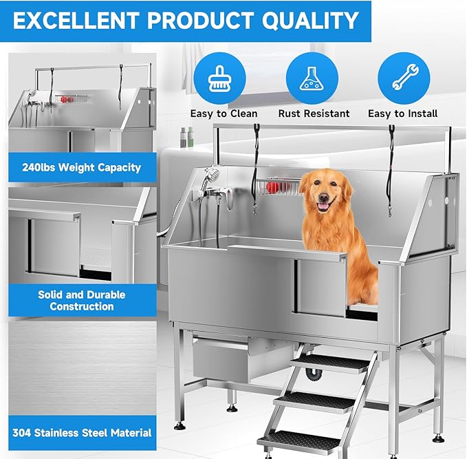Dog Washing Station 46" Dog Grooming Tub with Right Stair& Faucet, Stainless Steel Dog Bathing Station for Home,Dog Bathtub for Large,Medium,Small Pets