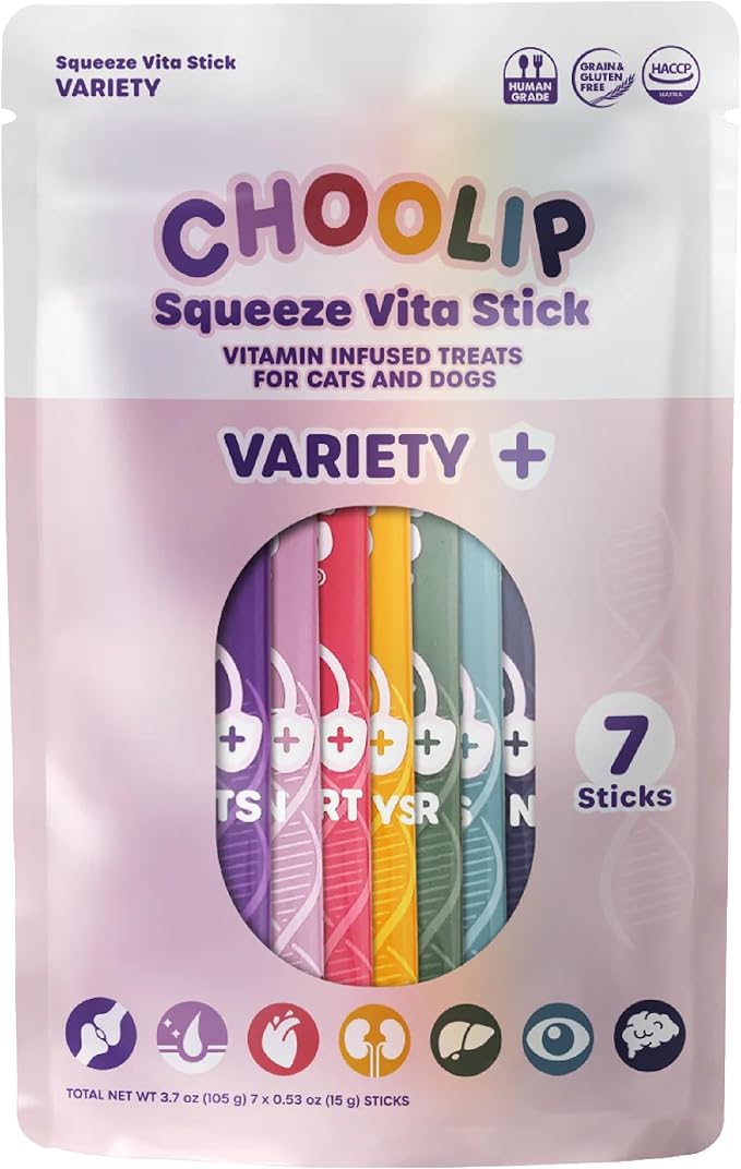 Choolip Squeeze Vita Stick Lickable Cat Treats & Dog Puree – 7-Count Variety Pack, Creamy Grain-Free Puree Treats with Multivitamins, Vet-Formulated for All Life Stages & Total Wellness