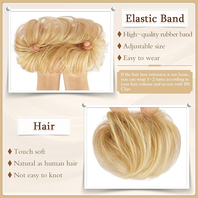 SOFEIYAN 2PCS Messy Bun Hair Piece Wavy Curly Chignon Extension Mini Messy Hair Bun Scrunchies Synthetic Donut Wig Accessory Updo Space Bun Hair Pieces for Women Girls, Strawberry Blonde&Bleach Blonde