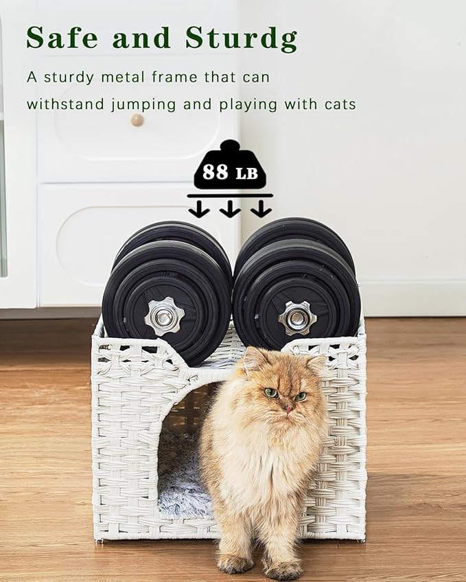 Cat Beds Indoor Kitten House, Handwoven Rattan Cat Cave Pet Cube, Large Cat Houses, One Bed Mat, Foldable, Hideaway, 16.5x16.5x13.2 Inches, 2 S-Shaped Hooks in Living Room Bedroom Gray