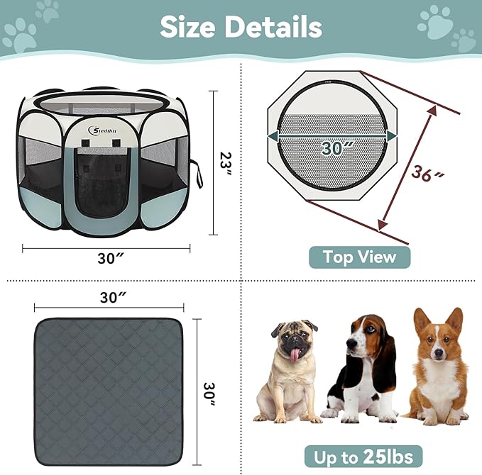 Medium Dog Cat Playpen, Puppy Pet Playpen Indoor for Small Dog Crate Tent Cage Outdoor, Portable Pop Up Dogs Enclosure Kennel with Carrying Case for Dogs/Cats/Rabbits (Grey with Pad, Medium)