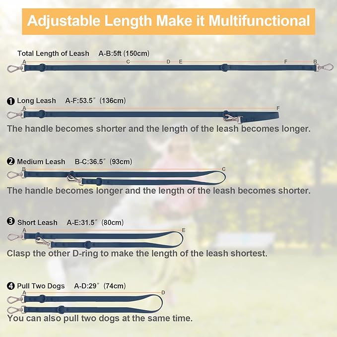Wisedog Waterproof Dog Leash – 5ft/6ft Adjustable with 2 Hooks & Traffic Handle, Easy to Clean Double Clip Leash for Small, Medium, Large Dogs (Navy,M)