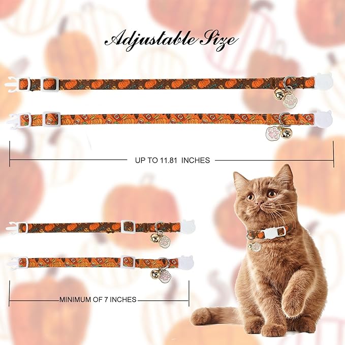Unique Style Paws Pumpkin Kitten Collar,2 Pack Halloween Cat Collar with Bell & Cute Paw Pendant,Adjustable Orange Pumpkin Kitten Collars,Ideal Gift for Boy Girl Cats