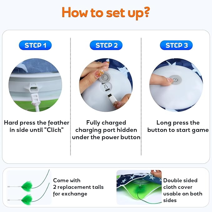 Interactive Cat Toys with Moving Feather Concealed in Mat, Rechargeable Cat Exercise Toys for Bored Cats with Motion Activated, Mouse Squeaky