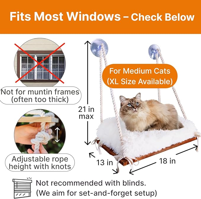 Cat Window Perch - Hammock Bed for Cats Inside - Solid Wood Seat, 4 Strong Suction Cups, Soft Cushion - Rustic Indoor Pet Shelf