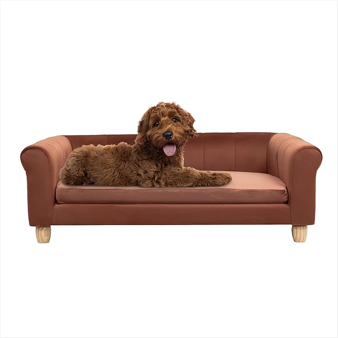 CRITTER SITTERS 42-in. Elegant Brown Faux-Velvet Rectangular Dog Sofa for Medium and Large Dogs, Elevated Plush Dog Couch
