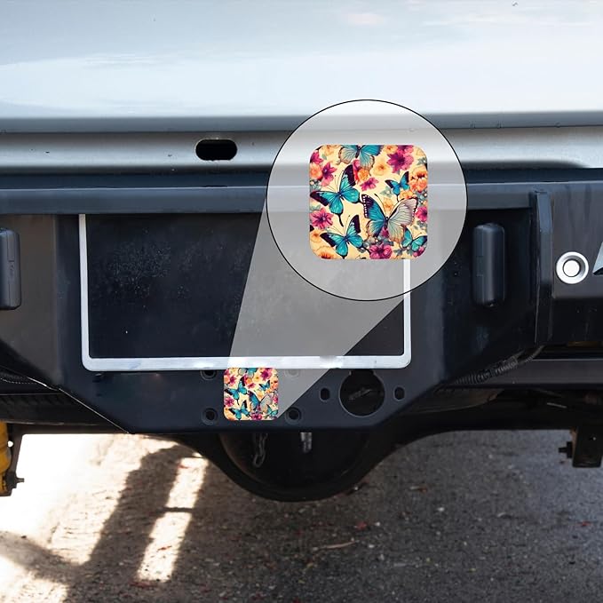 Hitch Cover Fits for 2-Inch Hitch,Blue Butterflies and Colorful Flowers Pattern Rubber Trailer Hitch Cover Tube Plug Insert,Car Exterior Accessories, Receiver Tube Hitch Plug