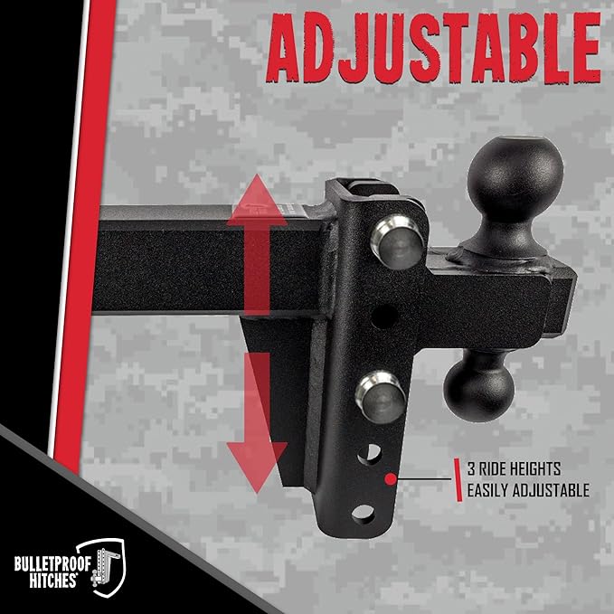 BulletProof Hitches - 2.5" Adjustable Heavy Duty Trailer Hitch (22,000 lb. Rating) - 4" Drop/Rise Trailer Hitch with 2" & 2-5/16" Dual Ball - Powder Coat, Solid Steel, Corrosion-Resistant