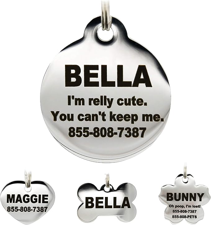 Stainless Steel Pet ID Tags - Engraved Personalized Dog Tags, Cat Tags Front & Back up to 8 Lines of Text – Bone, Round, Heart, Flower, Badge, House, Star, Rectangle, Bow Tie