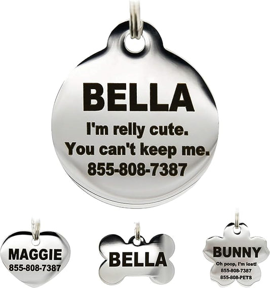 Stainless Steel Pet ID Tags - Engraved Personalized Dog Tags, Cat Tags Front & Back up to 8 Lines of Text – Bone, Round, Heart, Flower, Badge, House, Star, Rectangle, Bow Tie