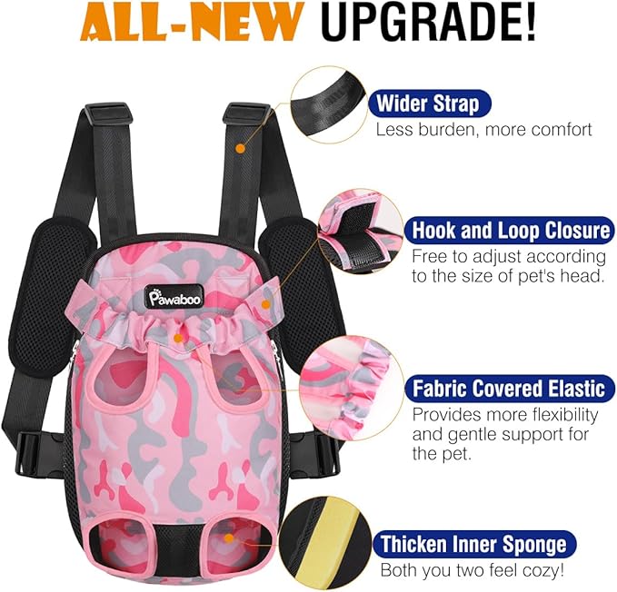 Pawaboo Pet Carrier Backpack, Adjustable Pet Front Cat Dog Carrier Backpack Travel Bag, Legs Out, Easy-Fit for Traveling Hiking Camping for Small Medium Dogs Cats Puppies, Extra Large, Pink Camouflage