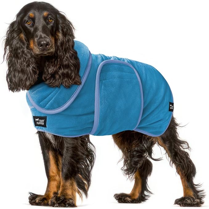 Tuff Pupper Bathrobe, Medium, Blue - Fast Drying Dog Towel Robe/Dressing Gown, 800 GSM Plush, Super Absorbent, Adjustable Hood & Belly Strap, Super Soft, Microfiber, Quick Dry