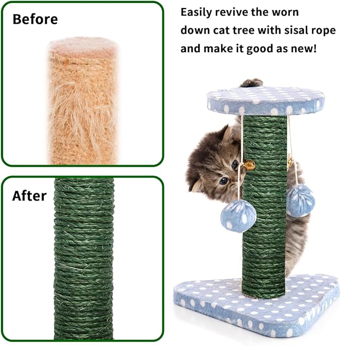 Green Sisal Rope 1/4 Inch by 65-Feet for Cat Scratching Post Tree Tower Replacement Repair and Replace, DIY Hemp Twine Rope for Kittens Shelves Scratch Mat Window Bed Perch Climbing, 6mm by 20m