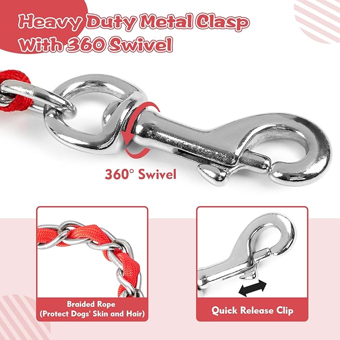 Heavy Duty Metal Dog Chain Leash with Comfortable PU Leather Padded Handle, Chew Proof for Medium Large Pooch Walking Training (4ft 3.5mm Red)