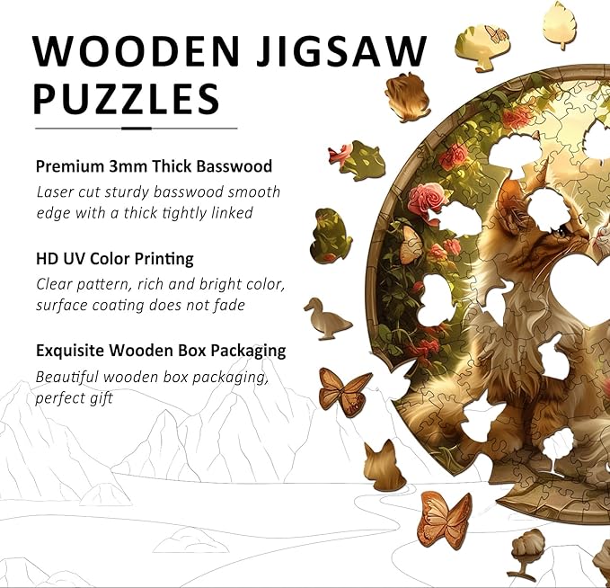Wooden Puzzle - Couple Cat Wood Puzzles Adult - Unique Animal Shape Wood Jigsaw Puzzles - Birthday Gifts for Cat Puzzle Lovers, Family (13.3 * 13.3in-300 Pieces)