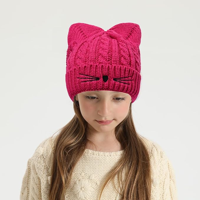 Kids Girls Cat Ear Hat Winter Warm Knit Beanie Cute Ski Skull Cap for Ages 7-12