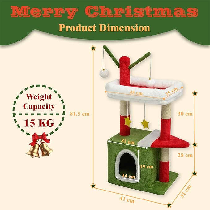 BYBYME 32" Christmas Cat Tree, Christmas Party Decoration for Cats, Sturdy Cat Furniture Set with Cat House, Hanging Toys, Scratching Sisal-Covered Posts（15.7 * 11.8 * 32in）