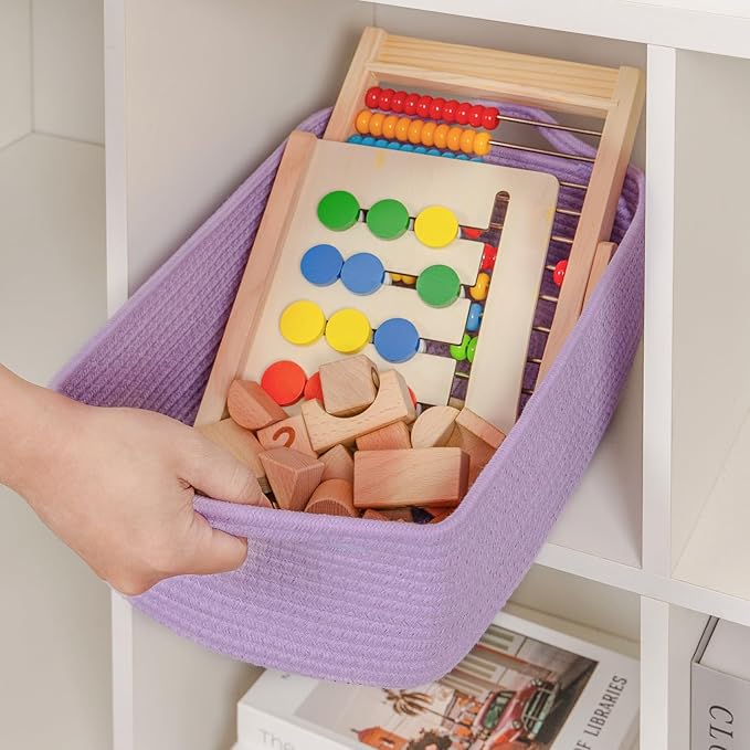 CubesLand Cube Storage Organizer Basket Bin, Cube Shelf Shelves Cotton Rope Basket, Durable Woven Rectangular Basket for Organizing, Nursery Toys Basket, 14x10x7.08IN Purple Basket